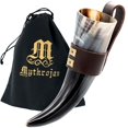 thumbnail image 1 of Mythrojan Viking Drinking Horn Mug with Brown Leather Holder and Canvas Bag Renaissance Mead Ale Wine Beer Drinking Cup - 8.45 oz, 1 of 5