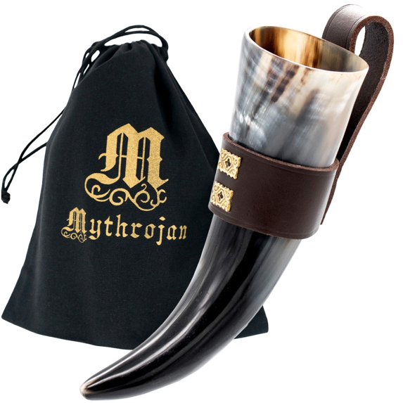 Mythrojan Viking Drinking Horn Mug with Brown Leather Holder and Canvas Bag Renaissance Mead Ale Wine Beer Drinking Cup - 8.45 oz