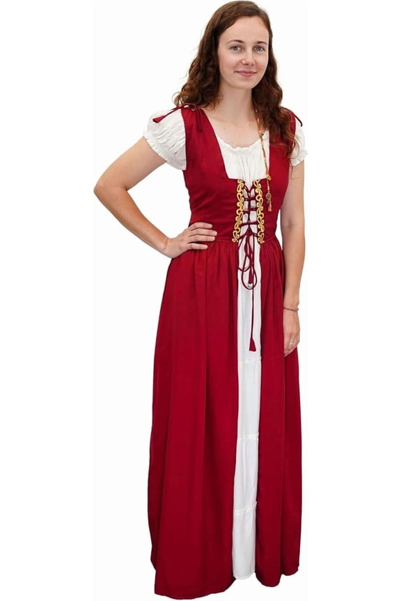 Women Renaissance Costumes Medieval Traditional Irish Celtic Dress with Chemise and Over Dress Corset Retro Cosplay Costume - Maroon - S/M