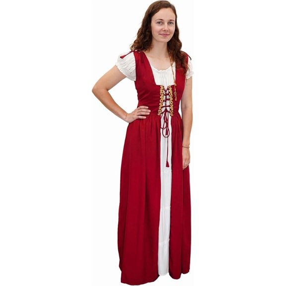 Mythrojan Women Renaissance Costumes Medieval Traditional Irish Celtic Dress with Chemise and Over Dress Corset Retro Cosplay Costume - Maroon , 2XL/3XL