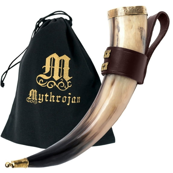 Mythrojan Viking Drinking Horn Mug with Brown Leather Holder, 350ml, Includes Canvas Bag, Gift for Men and Women