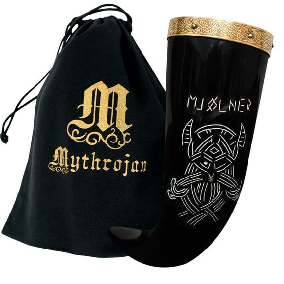 Mythrojan Viking Drinking Horn Mug Renaissance Medieval Knight Mug with Canvas Bag, Medieval Meal Ale with Brass Rim Decor, Unique Gift for Men Women, Home Decoration, Beer Wine Mug - 400 ML/13.oz