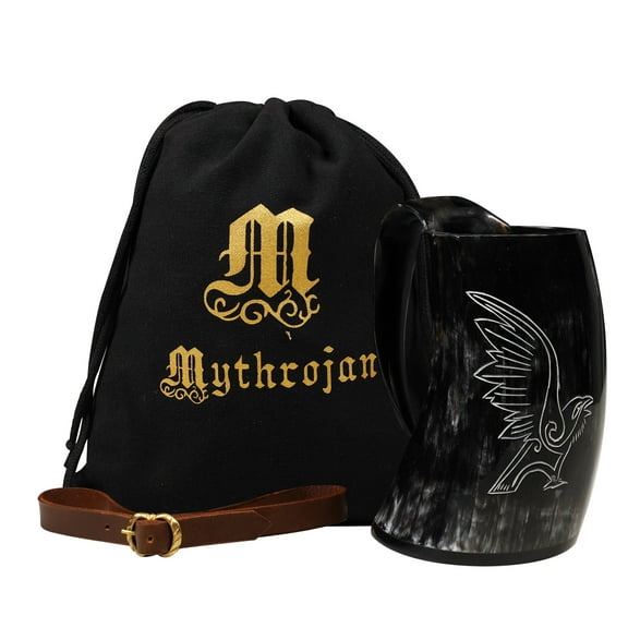 Mythrojan Viking Drinking Horn Mug Tankard with Medieval Buckle Leather Strap Holster and Canvas Bag Authentic Handcrafted Wine Beer Mead Ale, Home Decor Gift Accessory for Him & Her - 27oz / 800ml