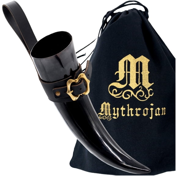 Mythrojan Viking Drinking Horn Mug with Black Leather Holder and Free Canvas Bag Medieval Inspired Viking Drinking Vessel for Men and Women - 600 ML