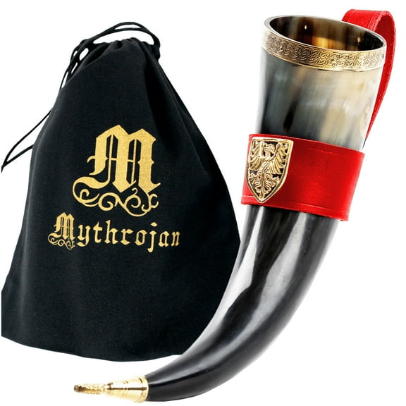 Viking Norse Drinking Horn with Red Leather Holder Original Genuine Horn Mug - 350 ML