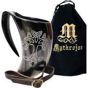 Mythrojan Viking Drinking Horn Tankard Viking Mead Mug Wine Beer Cup with Leather Strap and Free Canvas Bag Handmade Authentic Ale Home Decor Gift 20 oz