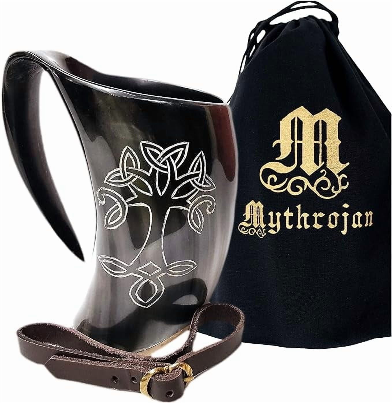 Mythrojan Viking Drinking Horn Tankard Viking Mead Ale Wine Beer Cup with Leather Strap and Free Canvas Bag Handmade Authentic Ale Home Decor Gift 20 oz