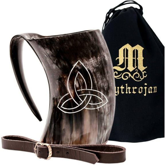 Mythrojan Viking Drinking Tankard with Medieval Buckle Leather Strap Wine Beer Mead Mug 600 ML - Polished Finish