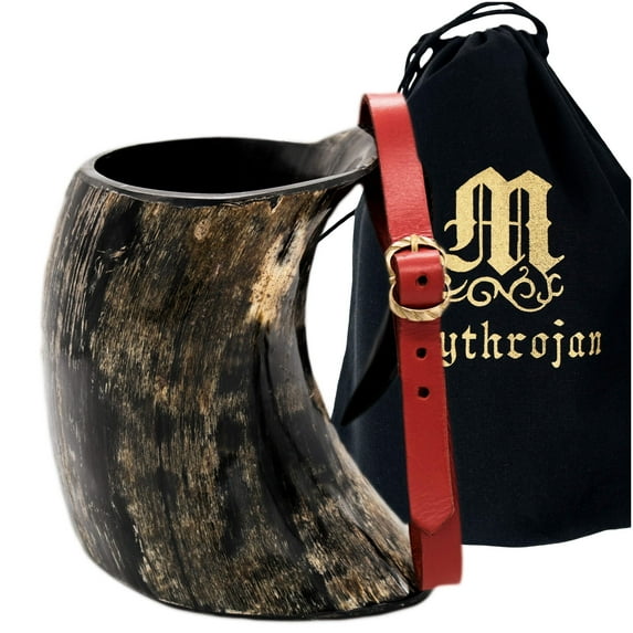 Mythrojan Viking Horn Mug Tankard with Red Leather Strap Safely Holds Hot and Cold Liquids Coffee Hot Chocolate - Wine Beer Mead
