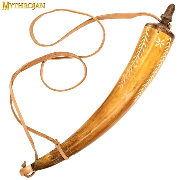 Mythrojan Vintage Powder Horn Hand Carved Viking Gun Powder Horn with Leather Strap for Civil War Reenactment Black Powder Cosplay LARP, Mountain Man Reenactment - Beige Color