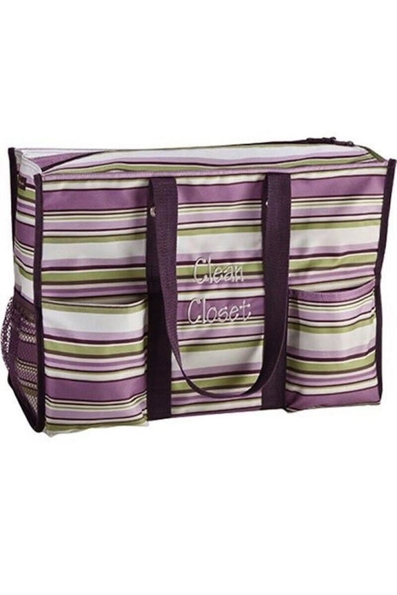 New Super Organizing Zip Top Utility Tote Storage Organizer Beach Laundry Picnic Party Bag 31 Gift In Plum Stripe NO EMBROIDERY