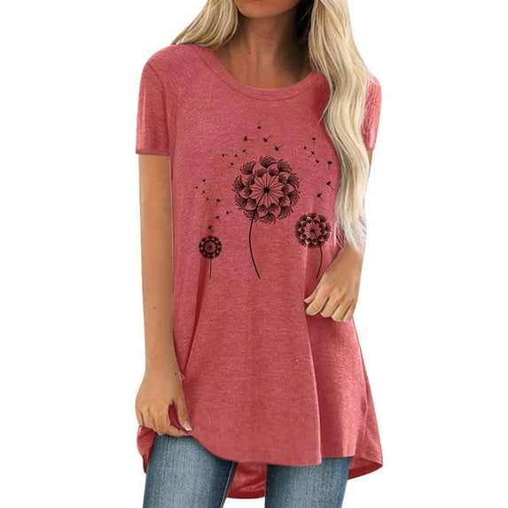 Mytrendy Women Dandelion Print Short Sleeve Tee Round Neck Baggy Casual Top T-Shirt