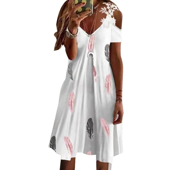 Mytrendy Women Floral Print Cold Shoulder Short Sleeve Loose Flowy Midi Dress