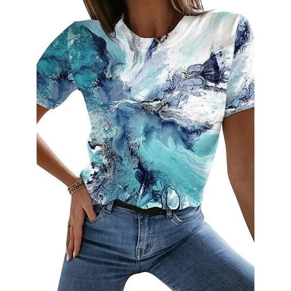 Mytrendy Women Floral Print Round Neck Short Sleeve Tunic Pullover Tops