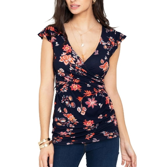 Mytrendy Women Maternity Floral Print Fly Sleeve Criss Cross V-Neck Nursing Breastfeeding T-Shirt Blouse