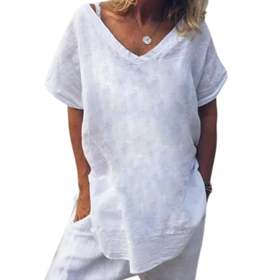 Mytrendy Women Solid Color Loose Fit V-Neck Short Sleeve Casual Top T-Shirt