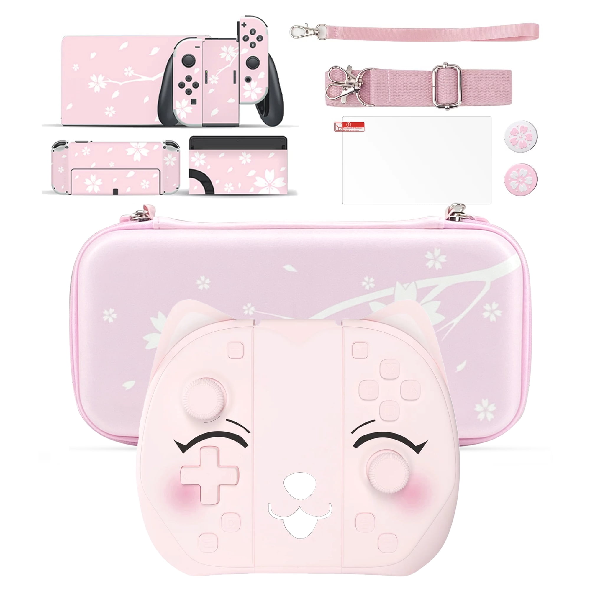 Mytrix Sakura Pink Wireless Switch Pro Controller and Cherry Travel Case  and Accessory 5 in 1 Bundle for the Newest Switch OLED