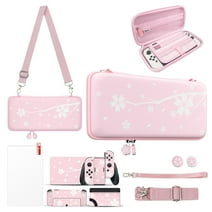 Mytrix Pink Cherry Blossoms 4 in 1 Carrying Case Bundle for Nintendo Switch OLED and Accessories, with Portable Hard Shell Travel Bag/Sakura Skin Stickers/9H Tempered Film/2 Joystick Caps