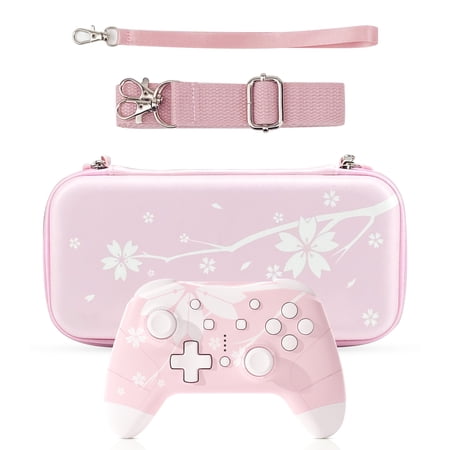 Mytrix Sakura Cherry Pink Wireless Switch Pro Controller and Cherry Switch Travel Case Bundle for Nintendo Switch, Newest Switch OLED, Switch Lite