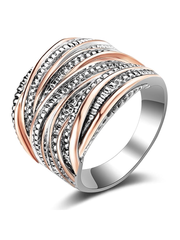 Intertwined Crossover Wide Band Ring for Women, Two-Tone Rose Gold Silver Plated Chunky Statement Ring, Wide Index Finger Rings for Daily Wear & Gift Giving