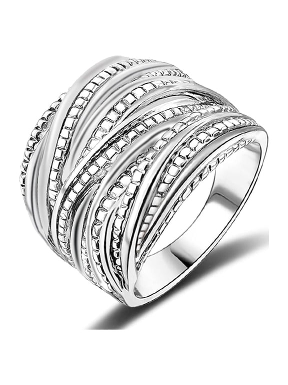 Intertwined Crossover Statement Ring, Wide Band Fashion Ring for Women Men, Silver Plated Large Costume Jewelry Rings