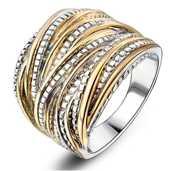 Mytys 2 Tone Intertwined Crossover Statement Ring Fashion Chunky Band Rings for Women Men Gold Silver Rose Gold Plated Wide Index Finger Rings Costume Jewelry