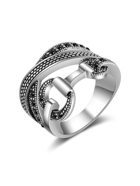 Criss Cross Rings for Women Retro Silver Black Crystal Belt Design Band Ring