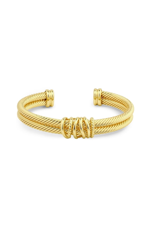 Double Cable Twist Cuff Bracelet for Women - Gold Tone Rope Bangle with Wire Wrap Detail, Adjustable Open Cuff Statement Fashion Jewelry