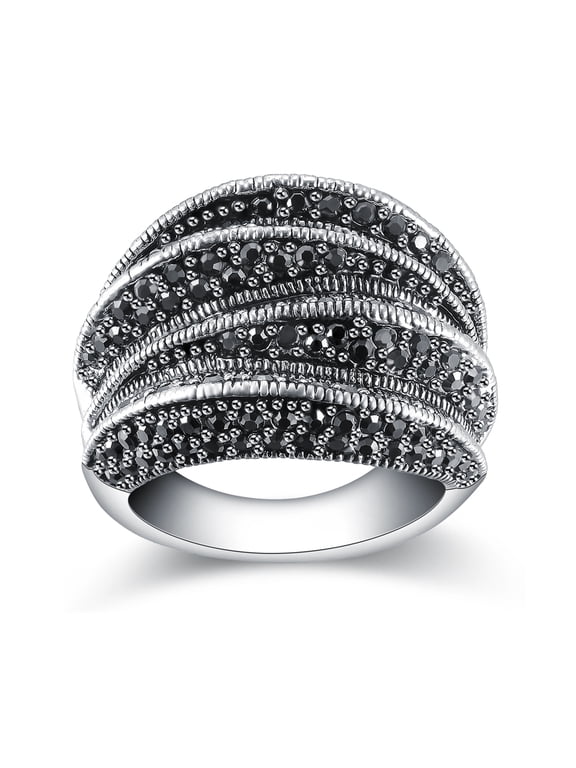 Retro Cocktail Statement Ring for Women, Antique Silver Plated Multi-row Pave Marcasite, for Evening Party & Gift Giving