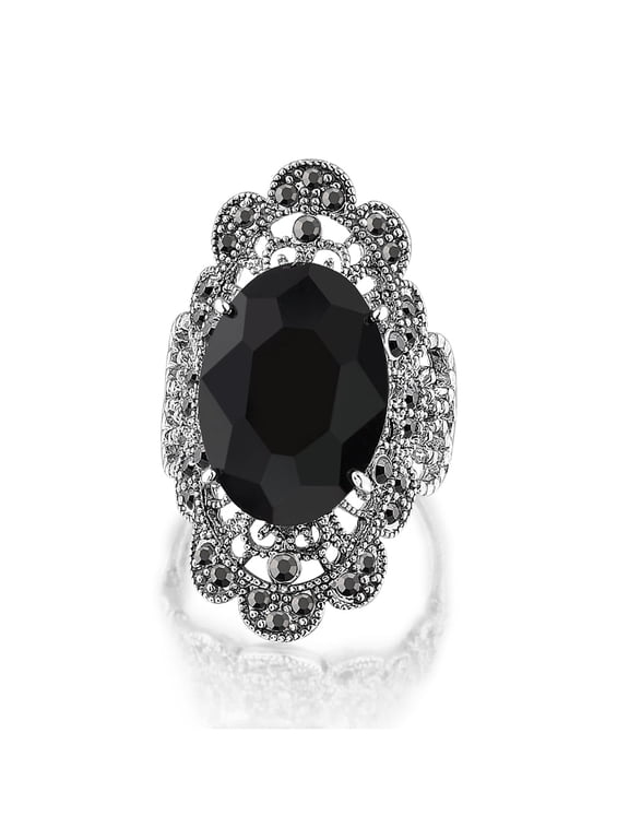 Retro Vintage Cocktail Statement Ring Black Marcasite and Crystal Rings for Women Antique Silver Plated Big Black Onyx Stone Ring