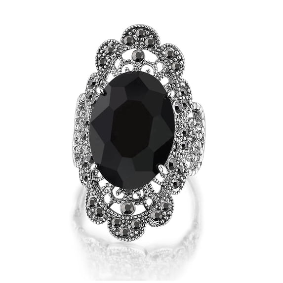 Mytys Retro Vintage Cocktail Statement Ring Black Marcasite and Crystal Rings for Women Antique Silver Plated Big Black Onyx Stone Ring