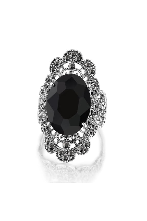 Retro Vintage Cocktail Statement Ring Black Marcasite and Crystal Rings for Women Antique Silver Plated Big Black Onyx Stone Ring