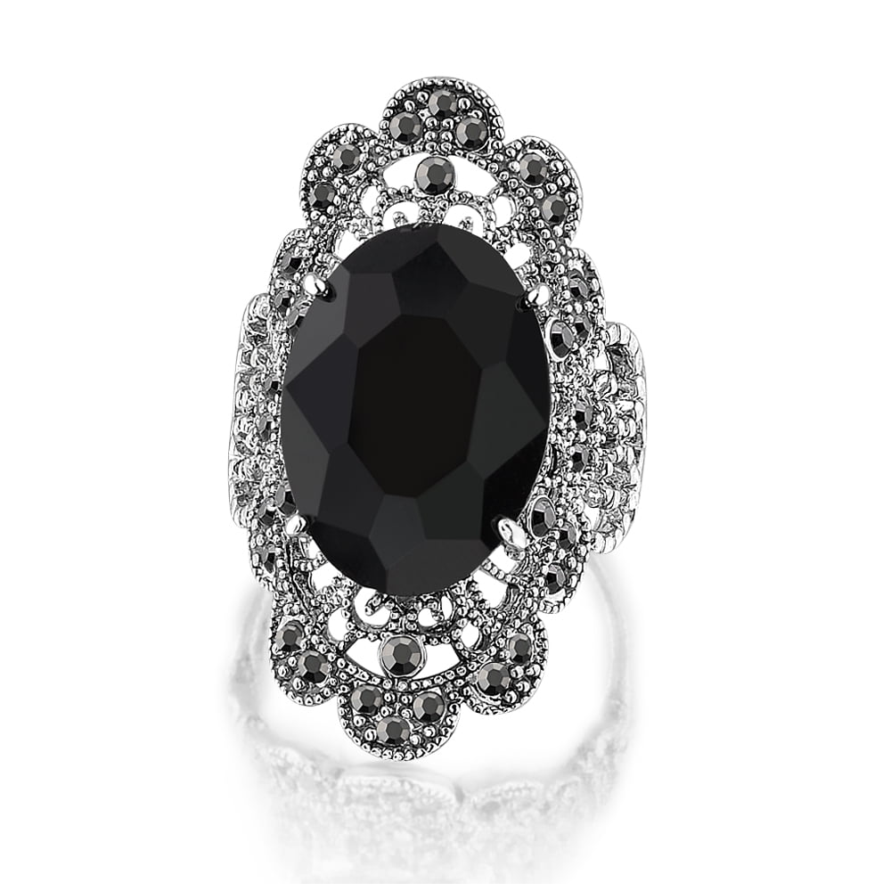 CRUNCHY FASHION Big Black Crystal Artificial Solitaire Stone Studded  Adjustable Ring Alloy Crystal Silver Plated Ring Price in India - Buy  CRUNCHY FASHION Big Black Crystal Artificial Solitaire Stone Studded  Adjustable Ring