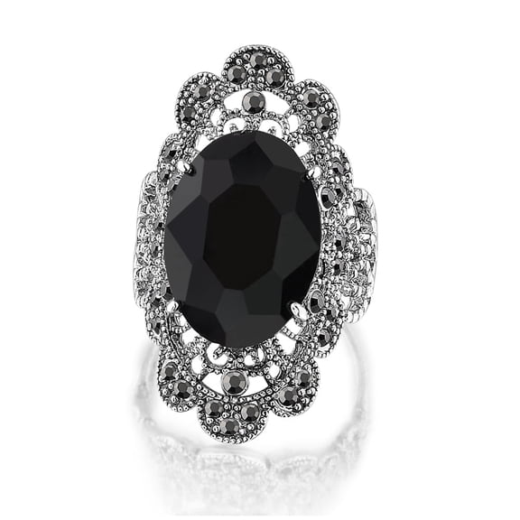 Mytys Retro Vintage Cocktail Statement Ring Black Marcasite and Crystal Rings for Women Antique Silver Plated Big Black Onyx Stone Ring