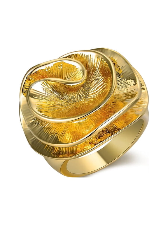 Flower Statement Cocktail Ring for Women,18K Gold Plated Bold Wide Band Hypoallergenic Costume Fashion Jewelry for Party Dating