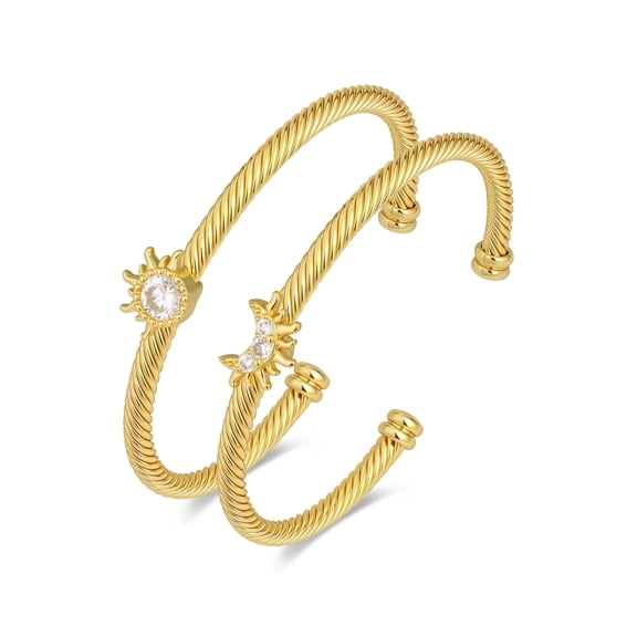 Mytys Sun Moon Bracelet Set for Women - 2 Piece Gold Tone Cable Twist Cuff with Crystals, Stackable Celestial Bangle Set, Adjustable Open Cuff