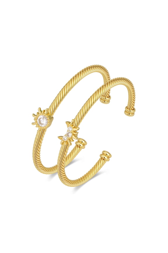 Sun Moon Bracelet Set for Women - 2 Piece Gold Tone Cable Twist Cuff with Crystals, Stackable Celestial Bangle Set, Adjustable Open Cuff