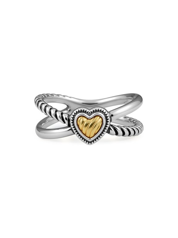 Two-Tone Twisted Cable Heart Ring - Gold Silver Mixed Metal Crossover Band with Carved Heart Center Statement Ring Size 7