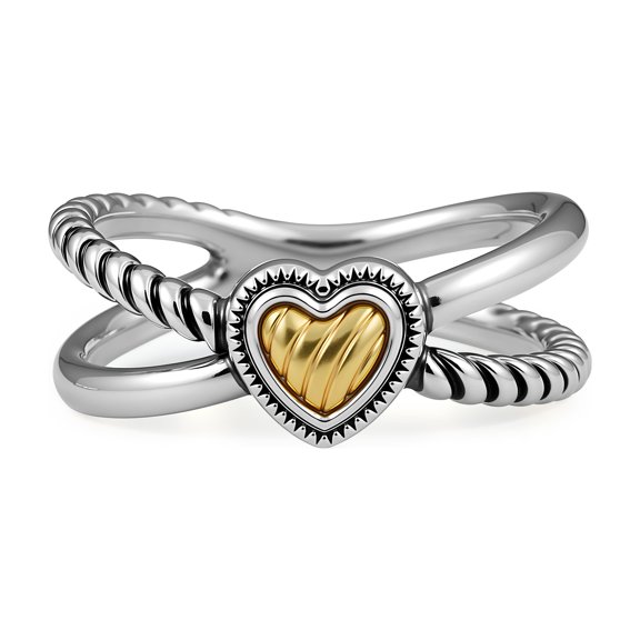 Mytys Two-Tone Twisted Cable Heart Ring - Gold Silver Mixed Metal Crossover Band with Carved Heart Center Statement Ring Size 7