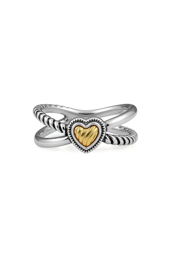 Two-Tone Twisted Cable Heart Ring - Gold Silver Mixed Metal Crossover Band with Carved Heart Center Statement Ring Size 9