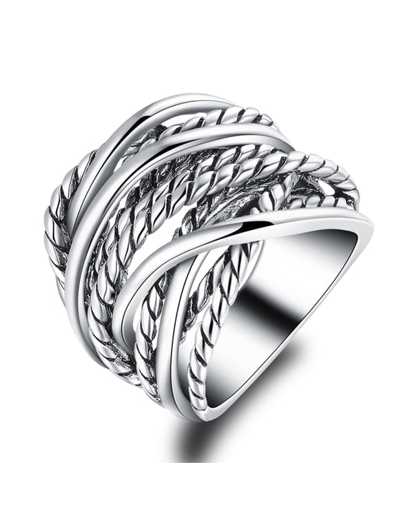 Vintage Silver Rose Gold Cable Statement Rings for Women Wire Intertwined Design Band Ring for Women Men Silver Plated 20mm Wide