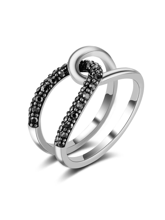 Vintage Wide Ring Classic Black Marcasite Crystal Rows Statement Silver Chunky Rings