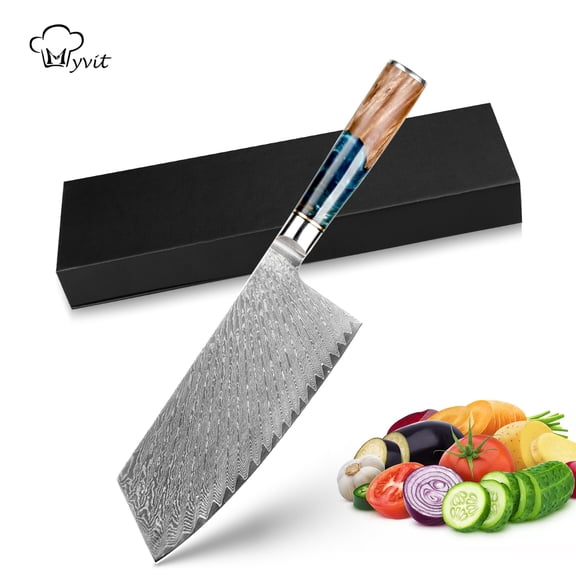 Myvit 7.5 inch Kitchen Damascus Steel VG10 Cleaver Knife Blue Resin Handle with Box