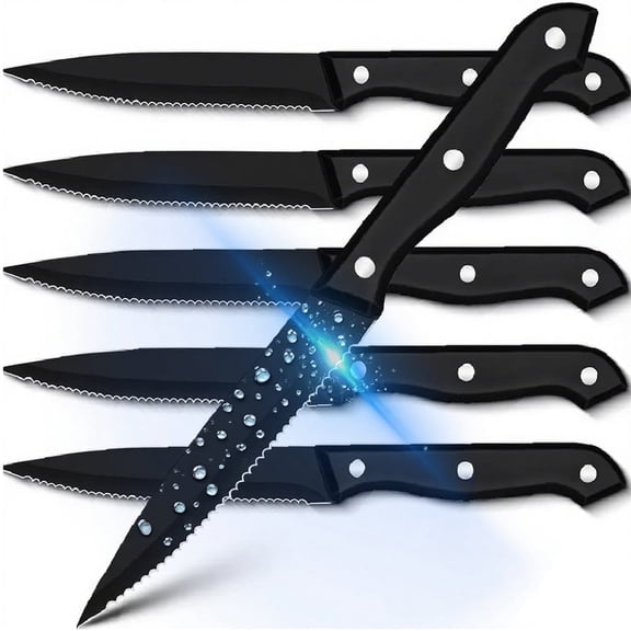 MYVIT Steak Knives Set 6 Piece Serrated Meat Cutting Dinner Knife Dishwasher Safe Stainless Steel Black Kitchen Knife Cooking Tool