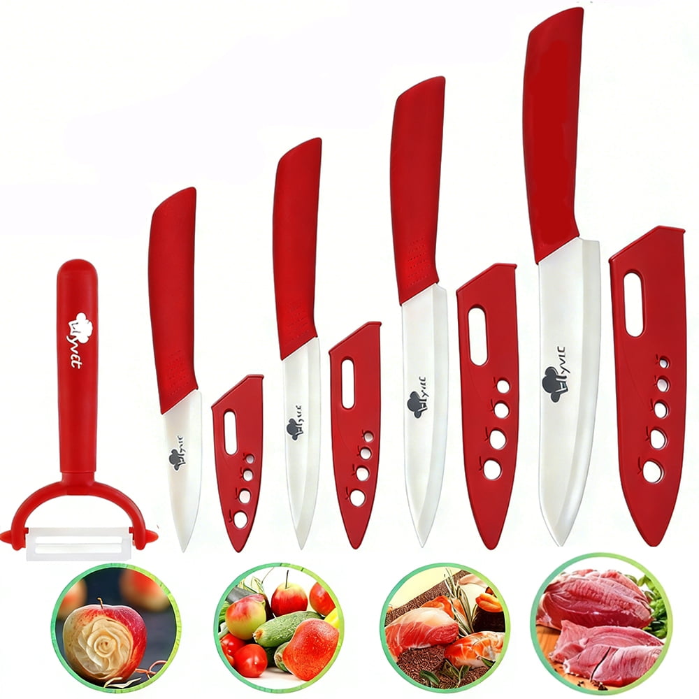 Myvit Ceramic Knife Set 5Pcs Kitchen Knives wIth Sheath,Rust Proof Blade 6" Chef Knife 5" Slicing Knife 4" Fruit Slicer 3" Paring Knife + Peeler