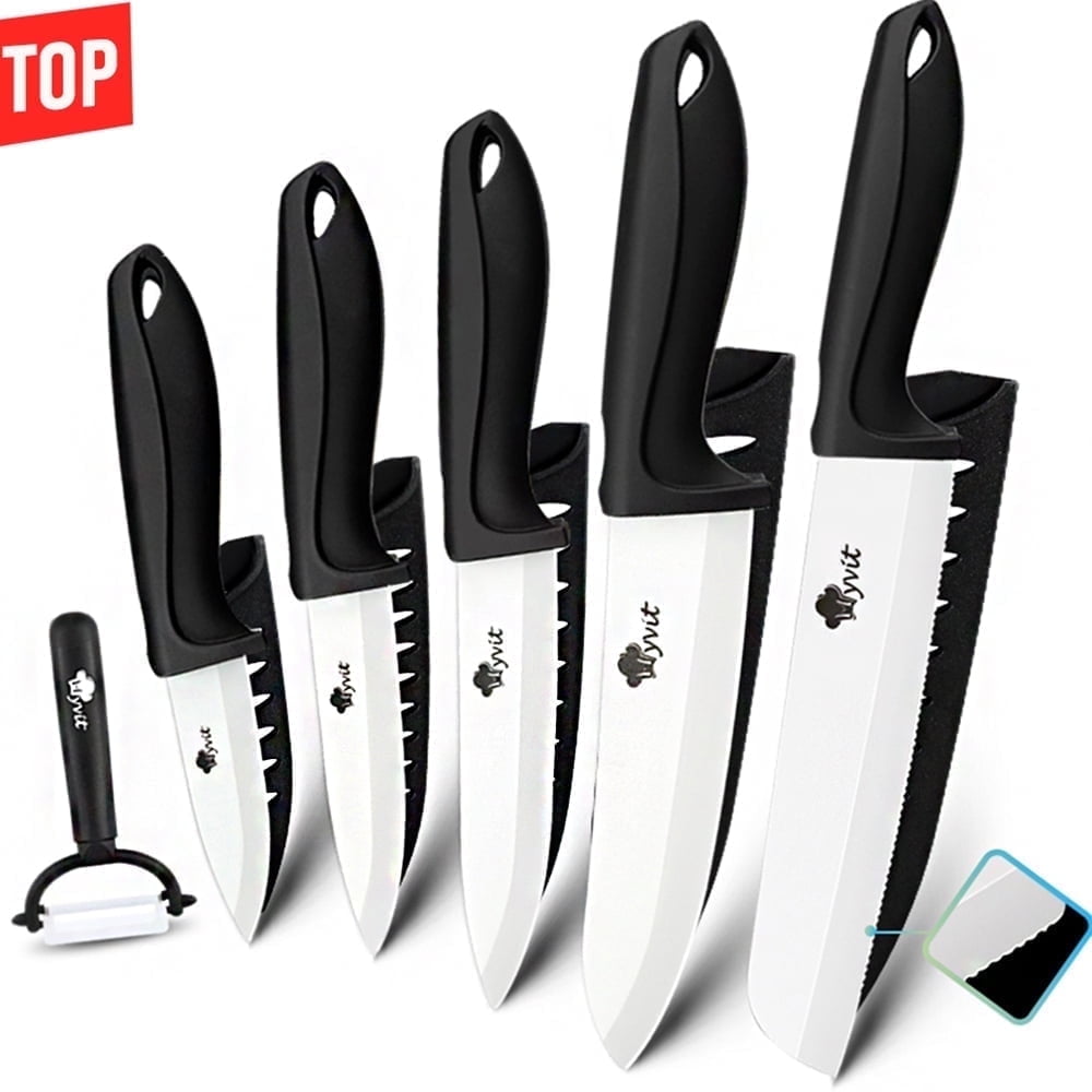 MYVIT Ceramic Knife Set for Kitchen, 11 Piece Fruit Cutting Knife Sharp Black Paring Knife with Blade Guards and Gift Box,3" 4" 5" Paring,6" Chef & 6" Serrated Bread Knife,Dishwasher Safe