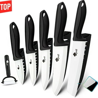 Myvit Ceramic Knives Set for Kitchen,5Pcs Paring Knifes with Cover, 6" Serrated,6",5",4",3" in Black,a Peeler