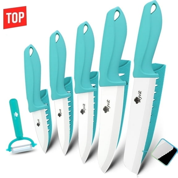MYVIT Ceramic Knife Set for Kitchen, 11 Piece Fruit Cutting Knife Sharp Paring Knife with Blade Guards and Gift Box,3" 4" 5" Paring,6" Chef & 6" Serrated Bread Knife,Dishwasher Safe,Blue