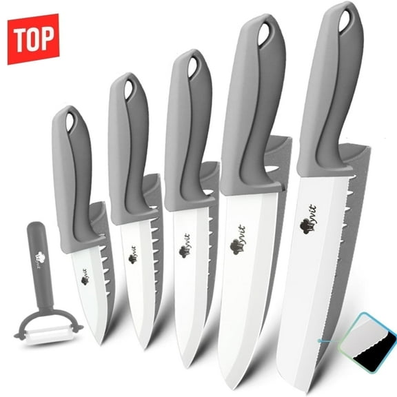 Myvit Ceramic Knives Set for Kitchen,11-Piece Chef Vegetable Fruit Paring Knifes with Cover, 6" Serrated Fruit Peeler,6",5",4",3" in Gray