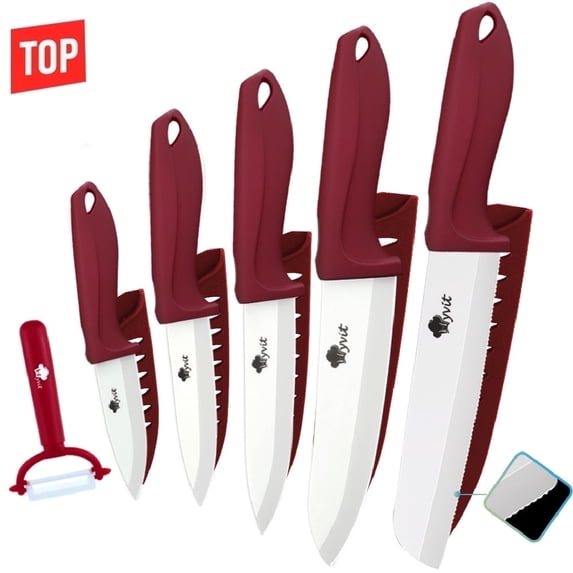 MYVIT Ceramic Knife Set for Kitchen, 11 Piece Fruit Cutting Knife Sharp Paring Knife with Blade Guards and Gift Box,3" 4" 5" Paring,6" Chef & 6" Serrated Bread Knife,Dishwasher Safe,Red